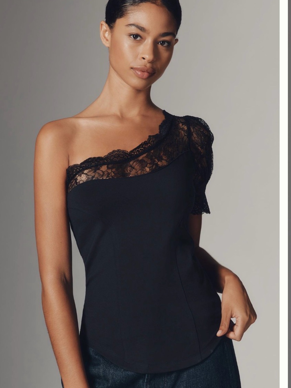 Anthropologie Maeve One-Shoulder Lace-Trimmed Top Black Sz M romantic - Picture 1 of 11